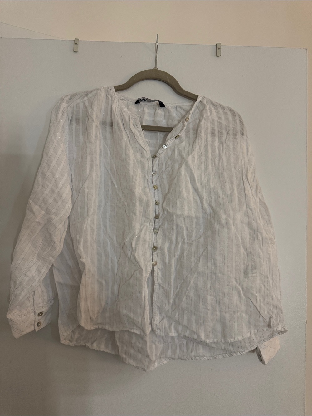Zara Sheer Ivory Stripe Button-Front Blouse